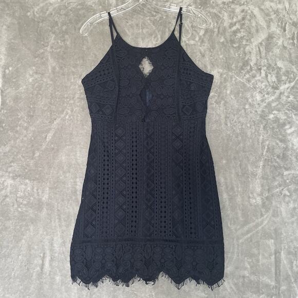 Storia Lace Dress Large Navy Blue Fringe Cut Out Party Club Cocktail Sexy Mini - Picture 1 of 9